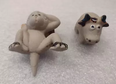 2 VTG Pot Decor Rim Hanger Sitters Climbers Animals Ceramic Monkey Cow Figurines • $7.99