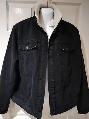 Ladies Black Denim Fur Lined Trucker Jacket 14 Bnwt • £8.50