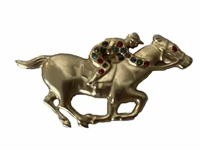 Vintage Gold-tone Jockey Horse Racing Brooch Pin 2.5”x1.25” • £20.90