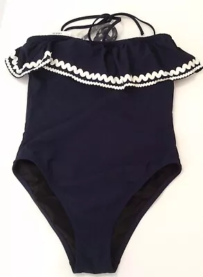 J Crew Ruffle Bandeau One-Piece Swimsuit Size 4 Piqué Nylon Rickrack Blue NEW • $44