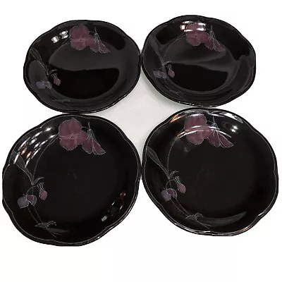 SET OF 4 Vtg MIKASA RONDO TANGO 8 1/8  SALAD PLATES EJ 702 Black Lavender Floral • $29.99