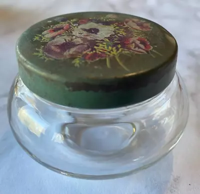 Vintage Dresser Jar Glass With Green Metal Lid With Flowers 2.5  • $9.99