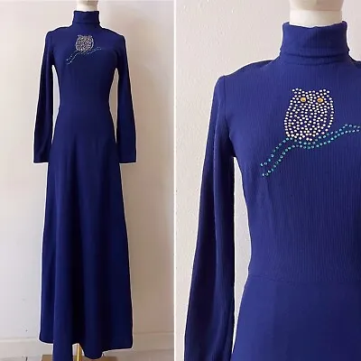 Vintage Maxi Dress Size Small Blue Knit Rhinestone Owl Long Sleeve Hippie 70s • $79.99