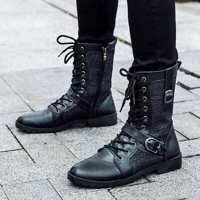 Punk  Men's Military Buckle Lace Up Casual Fashion Boys Mid Calf Boots Side Zip • $64.16