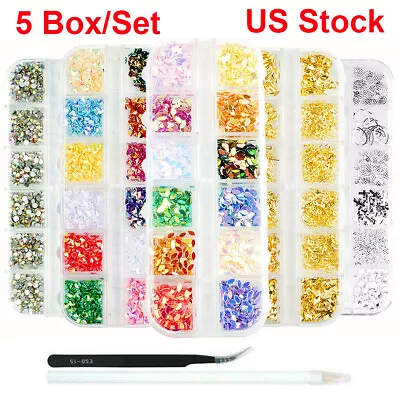 5 Boxes Nail Art Rhinestones Glitter Diamonds Crystal Gems 3D Tips Decorations • $5.99