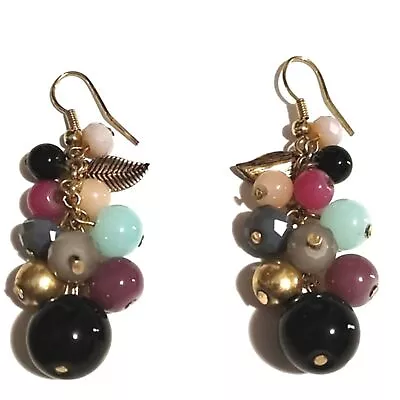Vintage Multicolor Clustered Glass Beaded Drop Dangle Gold-Tone Hook 2  Earrings • $18
