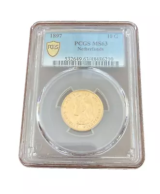 Netherlands 1897 Gold 10 Gulden PCGS MS63 • $600