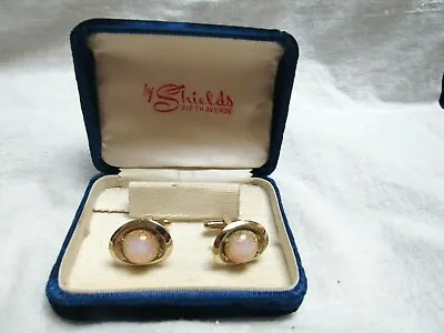 Vintage Shields Cufflinks Gold Plated Faux Opal Glass Stones Boxed Velvet • $19.99