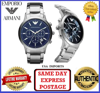 Emporio Armani AR2448 Classic Renato Silver And Blue Mens Chrono Wrist Watch • $199.99
