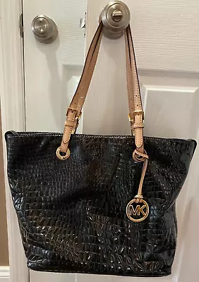 Michael Kors Tote Python Snake Embossed Patent Leather Black • $49.99