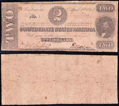 T-61 1863 $2 Confederate CSA Note! FREE SHIPPING! 16001 • $55