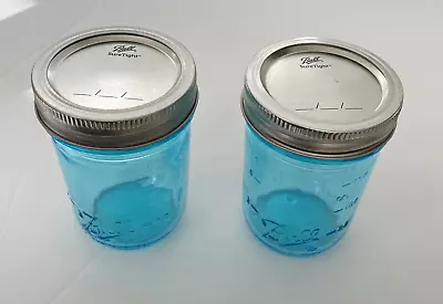 New~two~ Ball~aqua Blue W/sure Fit Covers ~ 1/2 Pint Jars W/measurements On Side • $16.95