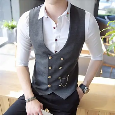 Men Double Breasted Vest  Slim Sleeveless Formal Suit Vest Business Casual  Vest • $38.92