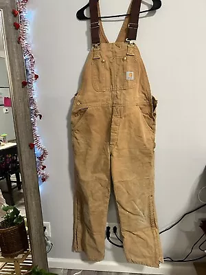 Vtg CARHARTT Bib Overalls Brown Duck Double Knee USA MADE Carpenter Work No Tag • $40