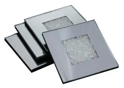 Set Of 4 Sparkly Crushed Crystal Mirrored Glass Coasters Drinks Mat 10x10cm • £7.37