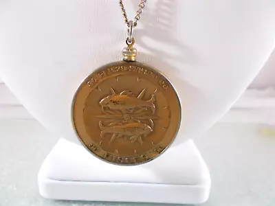 1970's Pisces Bronze Color Coin Zodiac Medallion Pendant Necklace Free Ship • $15
