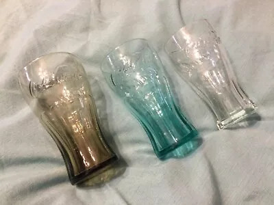 Set Of 3 Vtg McDonald's Coca Cola Libbey Glasses Teal Brown & Clear 6” • $14.50