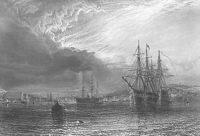 Man O' War SHIP GALLEON FRIGATE In HARBOR ~ 1871 SEASCAPE Art Print Engraving • $23.99