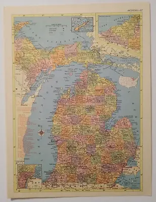 1956 Antique MICHIGAN Atlas Map Vintage Hammond's Family Reference World Atlas • $13.51