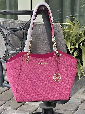 Michael Kors Jet Travel Large Chain Shoulder Tote Bag Mk Electric Pink Logo Gold • $119.99