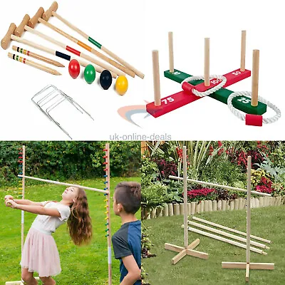 Wooden Garden Outdoor Quoits Pegs Rope Hoopla Family Kids Limbo Croquet Game New • £13.95