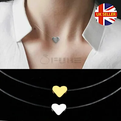 Simple Small Love Heart Pendant Silver Gold Tone Invisible Fishing Line Necklace • £3.99