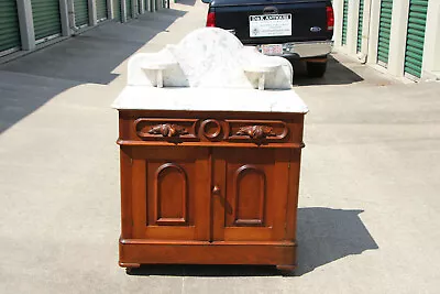 Walnut Victorian Fruit & Nut Carved Marble Top Washstand With Fancy Backsplash • $787.60