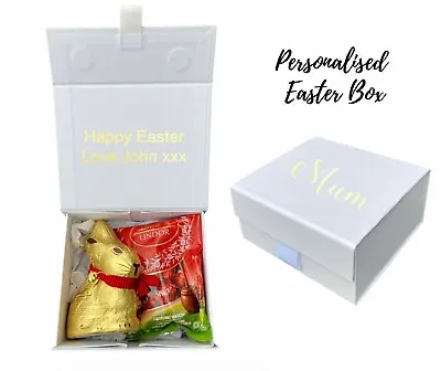 Personalised White Box Lindt Bunny Eggs Gold Foil Easter Gift Lindor Chocolate • £10.99