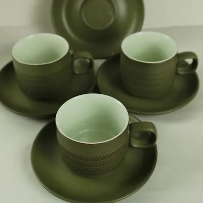 Denby Chevron Cups & Saucers Matte Sage Green Set Of 3 Cups & 4 Saucers Retro • £12