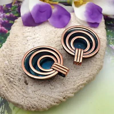 Vintage Matisse Copper Layered Spiral Teal Enamel Round Clip Earrings • $24.95