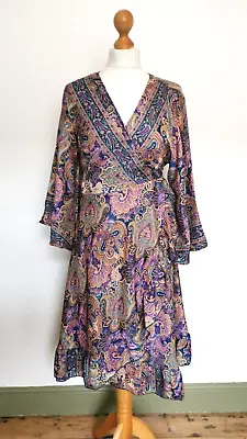 Purple Pattern Silk Style Wrap Dress Party 16 18 Vintage Boho Hippy Summer New L • £21.99