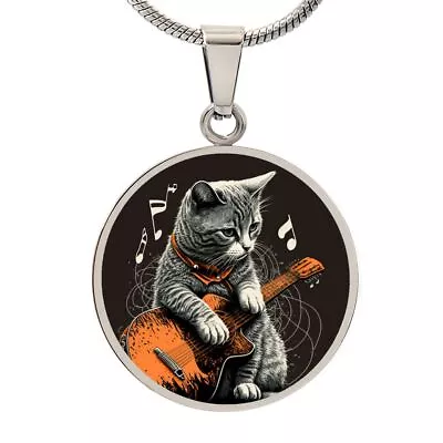 Engrave-able Cat Playing Guitar Necklace Gift For Music-Loving Cat Owners • $74.95