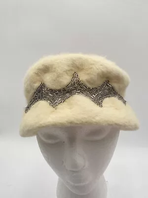 Vintage 50's Women's March'e Hat With Beaded Applique Design Fur ? Faux Fur ? 22 • $17.99