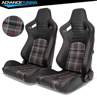 Universal Pair Of Reclinable Black Racing Seats + Dual Slider Red Stitching • $354.99