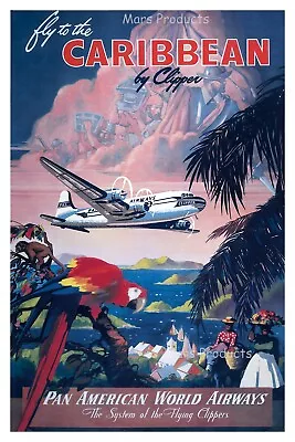 Fly To The Caribbean 1940s Vintage Style Tropical Travel Poster - 16  X 24  • $11.95