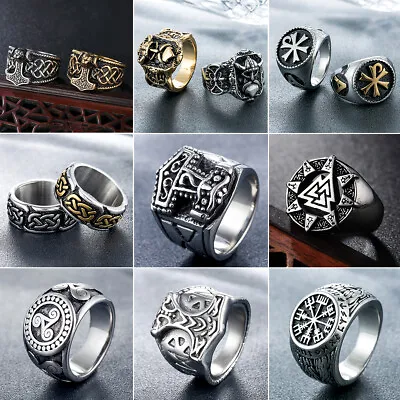 Mens Viking Stainless Steel Ring Runes Compass Adjustable Ring Nordic Jewelry • $4.69