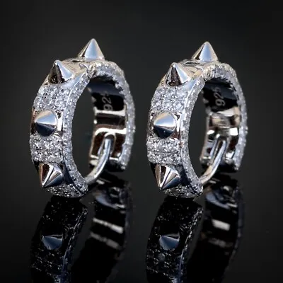 Men’s 14k White Gold Plated Spiked Punk RockIced Hip Hop Cz Huggie Hoop Earrings • $23.99