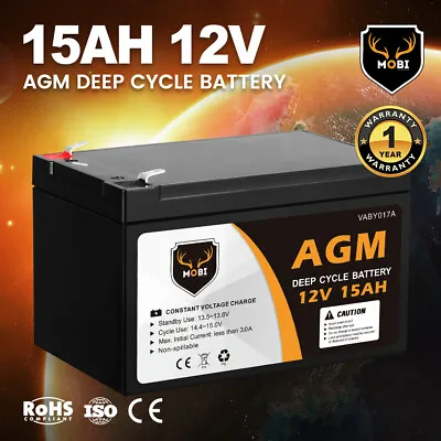 MOBI 15AH 12V AGM Deep Cycle Battery SLA UPS Solar Alarm Toy Camping 4WD • $49.95