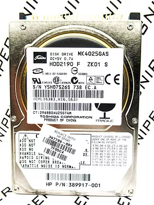 Toshiba 40GB MK4025GAS IDE (HDD2190 F ZK01 S) Laptop HardDrive WIPED & TESTED! • $74.99