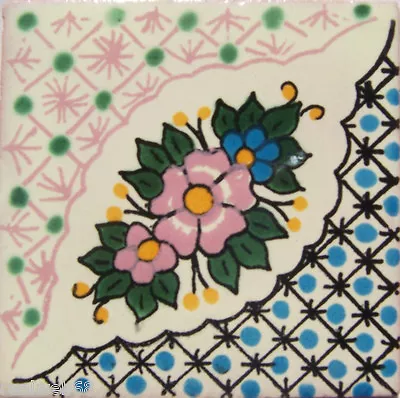 C238- Mexican Handmade Talavera Clay Tile Folk Art 4x4   Handpainted • $1.79