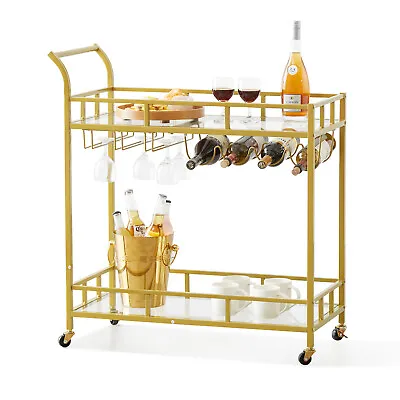 VEVOR 2 Tiers Gold Metal Bar Serving Cart With Wine Rack Glass Holder 120 LBS • $78.19