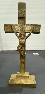 Vintage Souvenir Mohawk Trail Standing Brass Tone Crucifix INRI Jesus Cross • $24