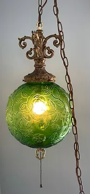 MCM Vintage Hanging Light  Green Roses Glass Bowl Chain Cord…Works…. • $188