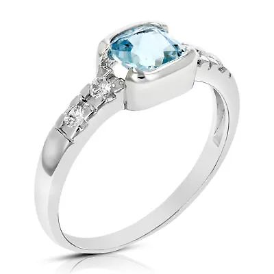 0.80 Cttw Blue Topaz Ring .925 Sterling Silver With Rhodium Cushion Cut 6 MM • $85.44