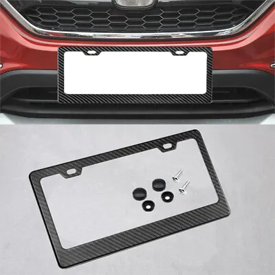 Carbon Fiber Black License Plate Frame Tag Cover With 2 Screw Caps Accessories • $16.15