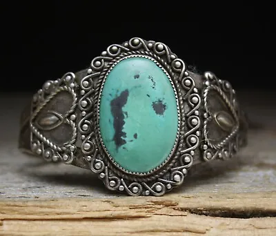 Vintage Harvey Era Navajo Turquoise Sterling Silver Cuff Bracelet  • $225