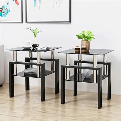 Modern Set Of 2 Tempered Glass 2 Layer Tea Table Coffee Table & Square End Table • $114.98