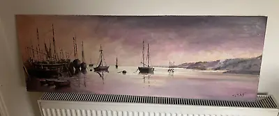 £24.99 • Buy Orginal Oil On Board, Boats On The Sea- Signed Staf , No Frame - 109x38cm