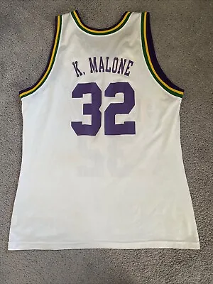 KARL MALONE Vintage Champion UTAH JAZZ White Jersey 44 NBA Stockton Hornacek • $139.99