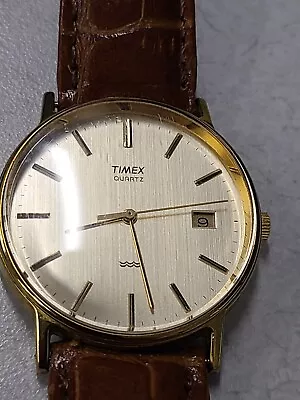 Vintage Timex Watch Men 32mm Gold Tone Round Dial & Date New Battery See Details • $15